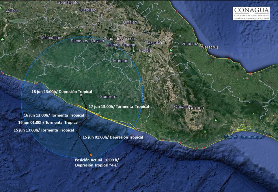 Se localiza a 155 kilómetros al sur de Acapulco y a 290 kilómetros al sur-sureste de Zihuatanejo (Foto: tomada de Twitter @conagua_clima)