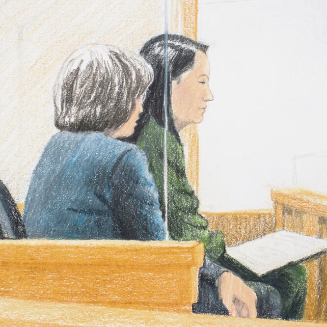 Ilustración de Meng Wanzhou (de verde), directora financiera de Huawei, ayer durante la audiencia en un tribunal de Vancouver. JANE WOLSAK. AP