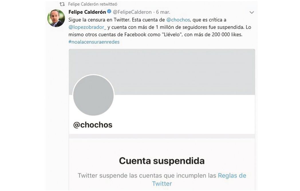 Foto: Cuentas de Facebook y Twitter han sido suspendidas temporal y definitivamente. (TOMADA DE TWITTER)