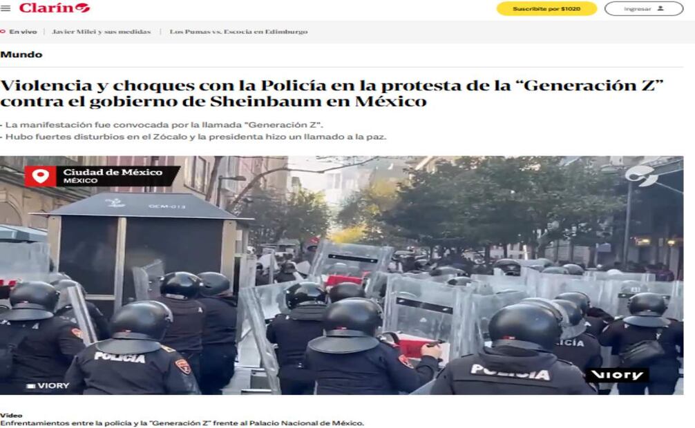 Cobertura del medio El Clarín sobre la marcha de la generación Z en México. Foto: Captura de pantalla