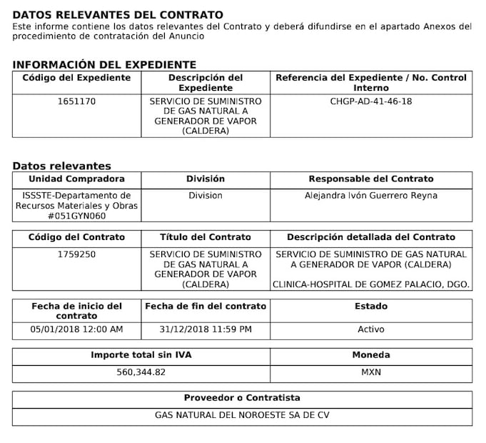 Contrato del ISSSTE en 2018. Foto: Compras MX