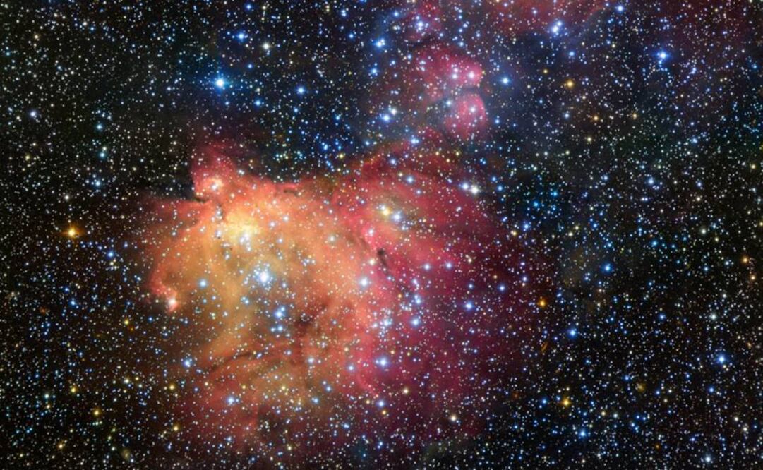 La imagen recoge una gran concentración de estrellas, entre las que destacan varias decenas de un intenso color azulado, flotando en un mar rosado. Foto: ESO