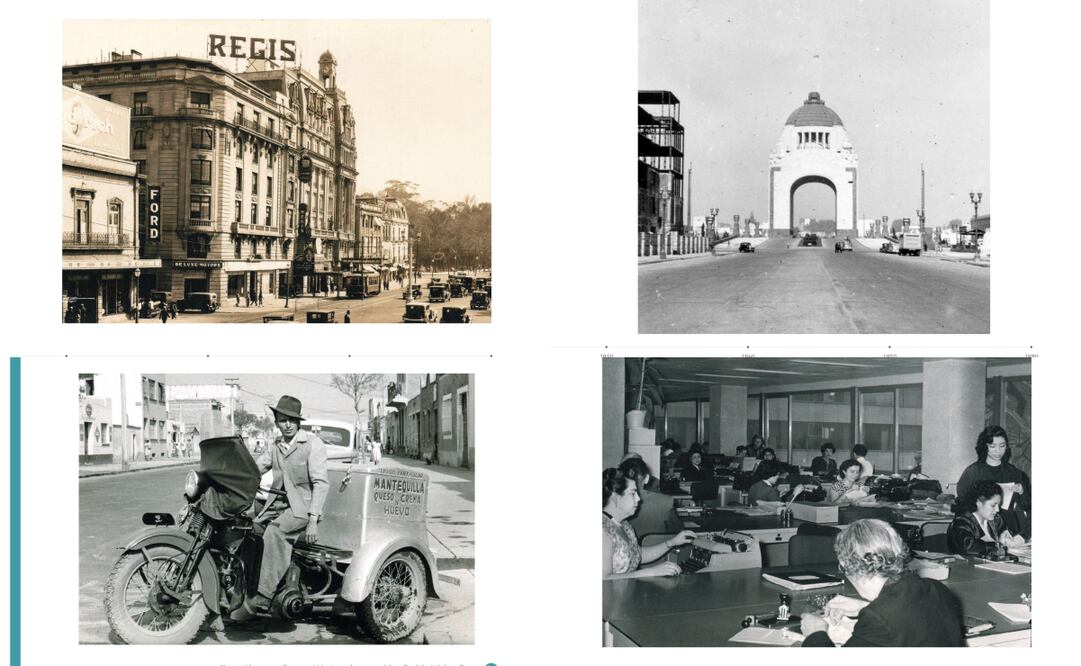 El Hotel Regis, el Monumento a la Revolución, un repartidor de “mantequilla, queso, crema y huevo” y mecanógrafas trabajando en el Centro SCOP en los 70, entre las fotos que Villasana ha coleccionado por años. Fotos: Carlos Villasana