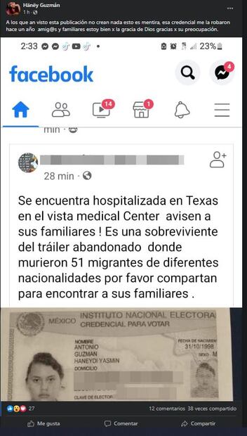 "Esa credencial me la robaron, estoy bien", joven mexicana desmiente ser una de las víctimas de tráiler en Texas