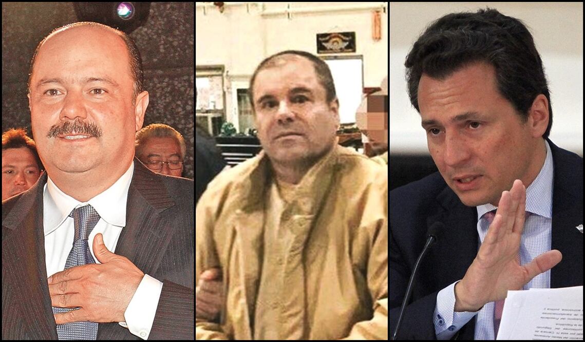 En la imagen (i-d) César Duarte Jáquez, exgobernador de Chihuahua; Joaquín “El Chapo” Guzmán; Emilio Lozoya Austin, exdirector de Pemex. Foto: especial