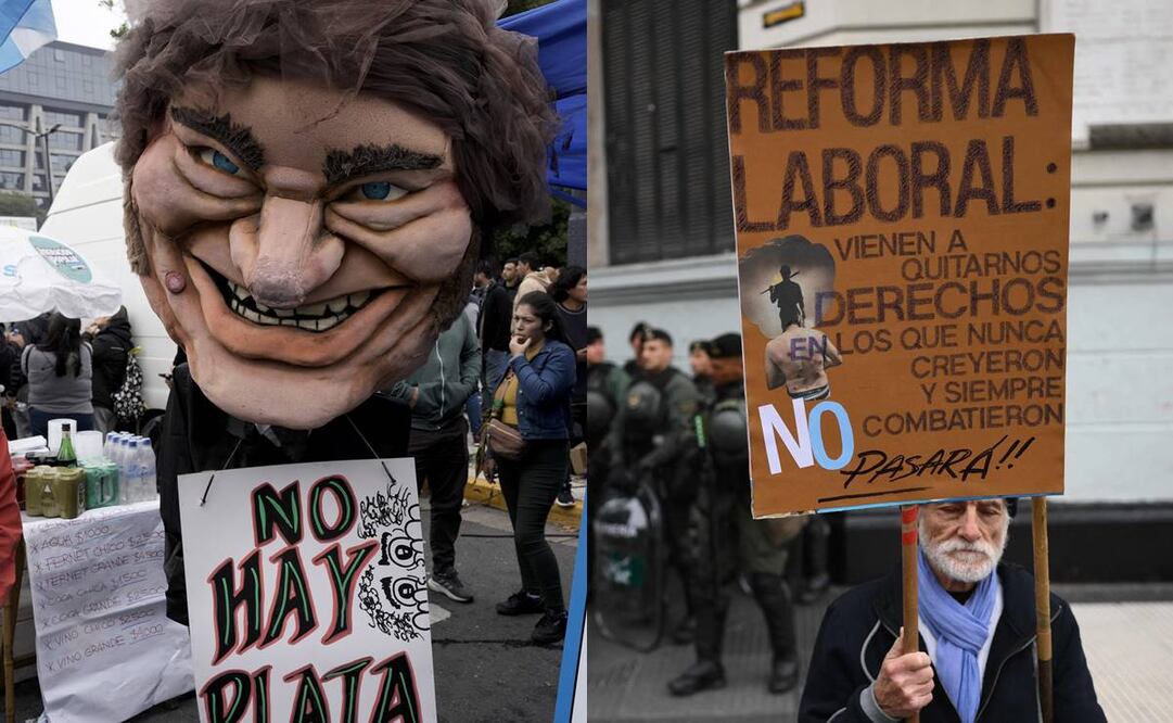 Un hombre sostiene un cartel contra la reforma laboral junto a la policía antidisturbios mientras miembros de organizaciones laborales y sociales marchan durante una manifestación del 1 de Mayo. Foto: AFP