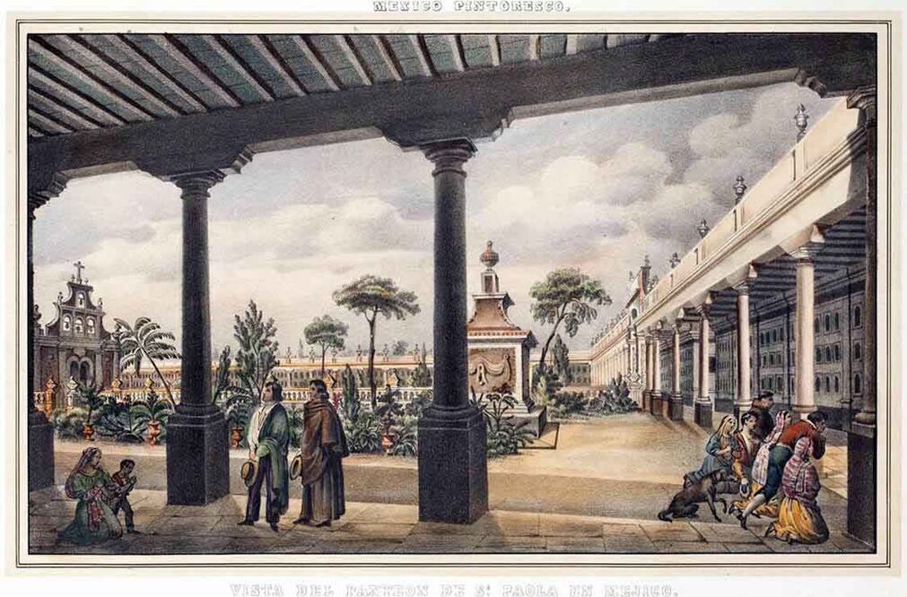 "Vista del Panteon de Sa. Paola en Mejico", del pintor francés Pierre Frederic Lehnert, como se ve en el "Álbum pintoresco de la República Mexicana", que publicó la Estampería de Julio Michaud y Thomas, 1850. Foto: DeGolyer Library, Southern Methodist University.