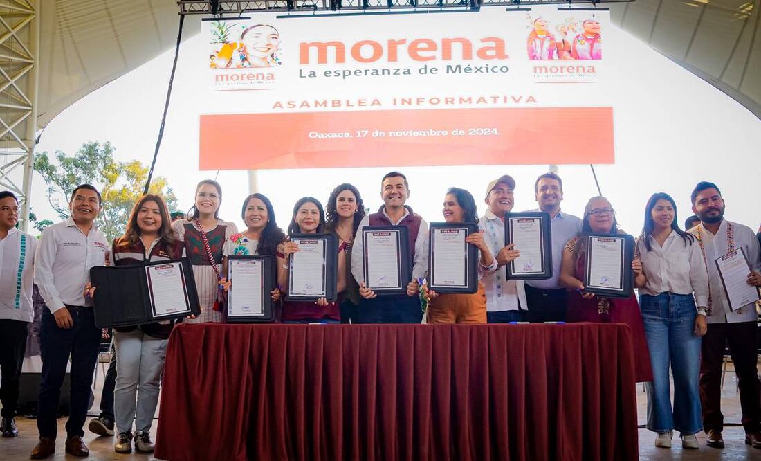 Luisa María Alcalde, presidenta nacional de Morena durante la sesión informativa de Morena en Oaxaca este 17 de noviembre del 2024. Foto: Especial