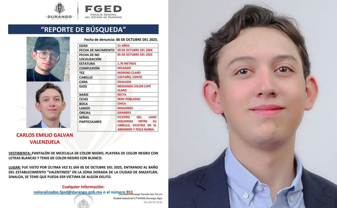 Situación de “terror” describe mamá de Carlos Emilio, duranguense que desapareció en baño de bar de Mazatlán (14/10/2025). Foto: Cortesía