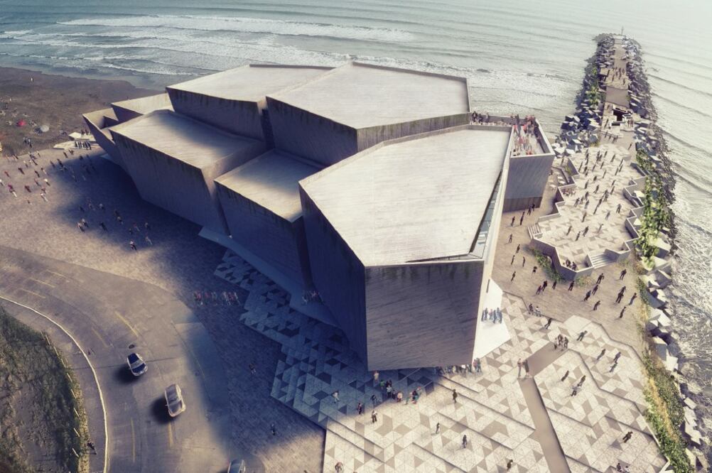 El espacio, que será la sede de la Filarmónica de Boca del Río, está al inicio de la escollera que divide al río del mar (CORTESÍA: ROJKIND ARQUITECTOS)