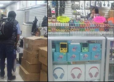 Vapeadores y accesorios para celular ilegales, entre los más de mil artículos decomisados en plaza de Izazaga