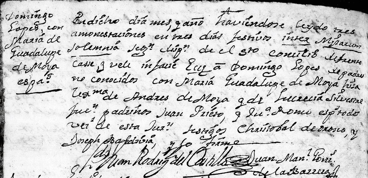 Acta de matrimonio de Domingo López, tatarabuelo del poeta, donde se dice que éste era de “padres no conocidos”. Un antiguo documento familiar. Foto: Pablo Sol Mora