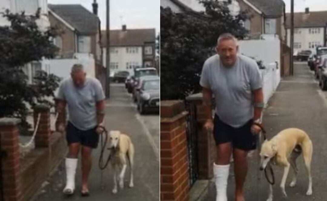 Lomito se hace el rengo para imitar a su dueño. Foto: Facebook Russel Jones