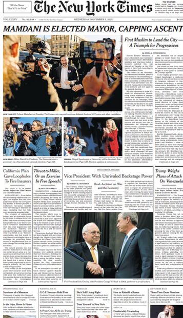 La portada del diario The New York Times destacó ampliamente el triunfo de Zohran Mamdani en Nueva York y de las candidatas demócratas en Virginia y Nueva Jersey. FOTO: ESPECIAL