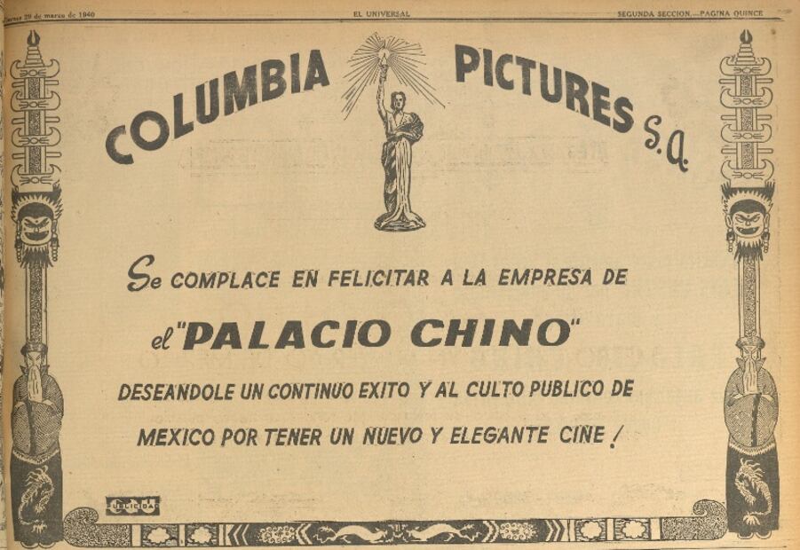 Felicitaciones de casas productoras por la inauguración del Palacio Chino, el cine elegante del México de 1940. Hemeroteca EL UNIVERSAL.