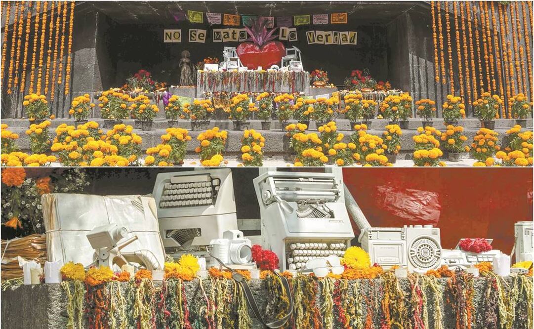 La ofrenda fue colocada frente al Monumento a la Revolución, donde organizaciones civiles llamaron a reconocer la labor de los defensores de derechos humanos y periodistas. Foto: Diego Simón/EL UNIVERSAL