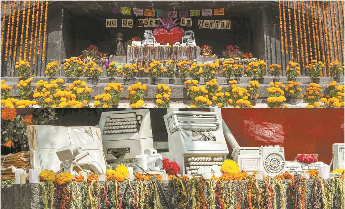La ofrenda fue colocada frente al Monumento a la Revolución, donde organizaciones civiles llamaron a reconocer la labor de los defensores de derechos humanos y periodistas. Foto: Diego Simón/EL UNIVERSAL