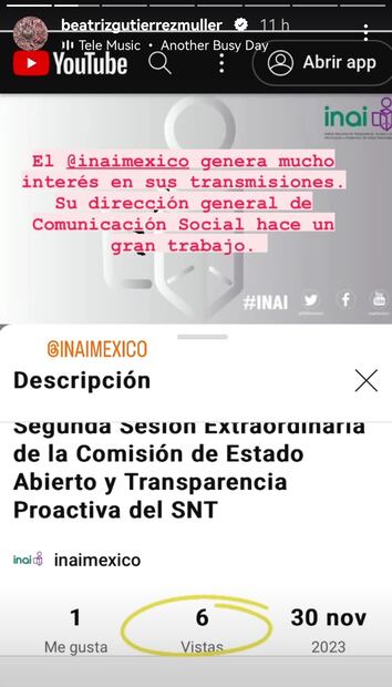 La doctora Beatriz Gutiérrez Müller ironiza sobre el INAI. Foto: Capturas