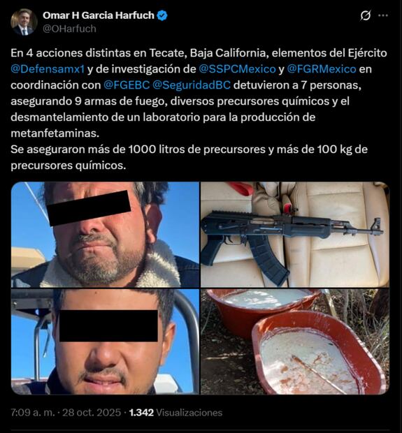 El secretario de Seguridad, Omar García Harfuch, informó sobre 7 detenciones el y aseguramiento de metanfetamina. Foto: captura de pantalla