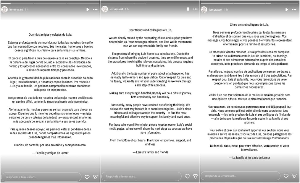 Comunicado de Luis de la Rosa, animador fallecido en Francia, el pasado 26 de junio, publicado en español, inglés y francés, firmando por sus amitdades y familiares.
Fotos: Instagram, vía @lemurasart