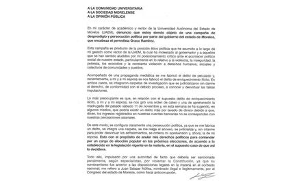 "No he robado nada", dice rector de la UAEM en carta