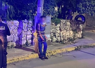 Amarran a ladrón a un poste en Yucatán; lo sorprenden en el techo de un predio donde pretendía entrar a robar