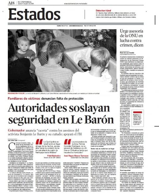 Así informaba EL UNIVERSAL el homicidio de Benjamín LeBarón en 2009