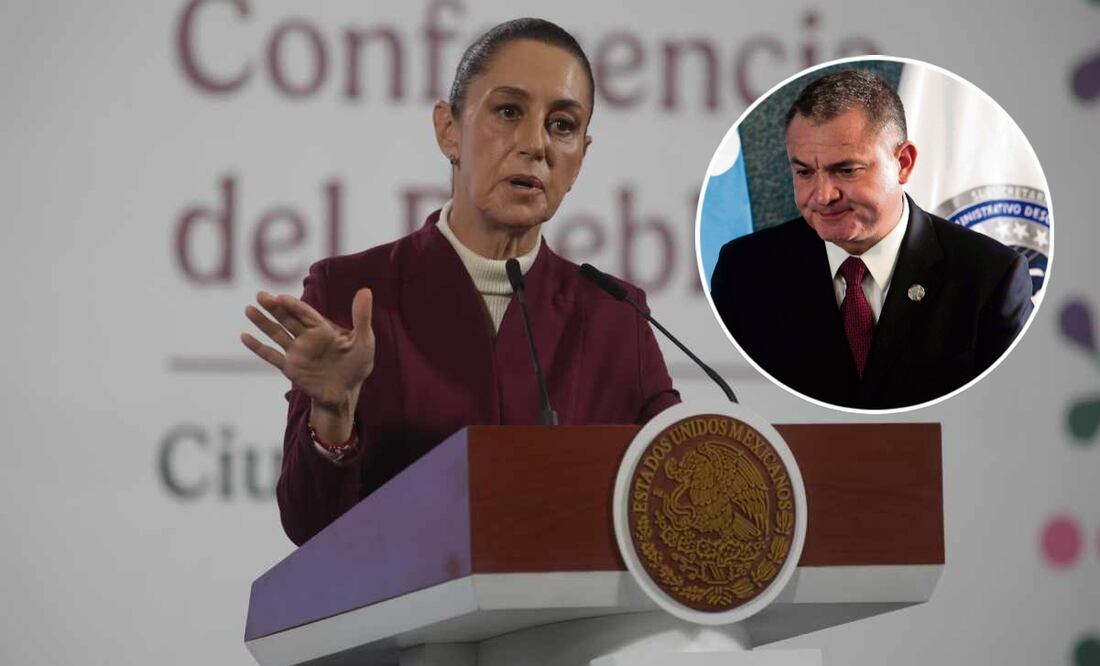 La presidenta Claudia Sheinbaum en la conferencia matutina de este 24 de junio en Palacio Nacional y Genaro García Luna Foto: Carlos Mejía y archivo EL UNIVERSAL.