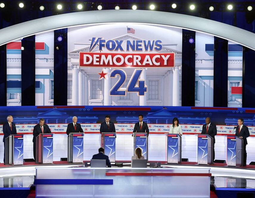 Imagen del primer debate republicano rumbo a las elecciones de EU en 2024. Foto: AFP