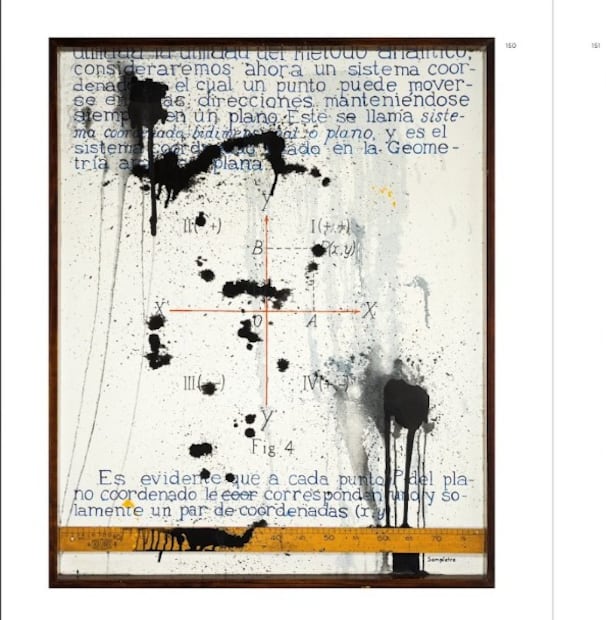 Pieza Abstractos con teoremas de álgebra (1979). Acrílico sobre tela con regla de madera. 83 x 103 cm. Crédito: Del libro Fernando Sampietro. Un verdadero duchampiano que se hacía llamar Marcelo del Campo.