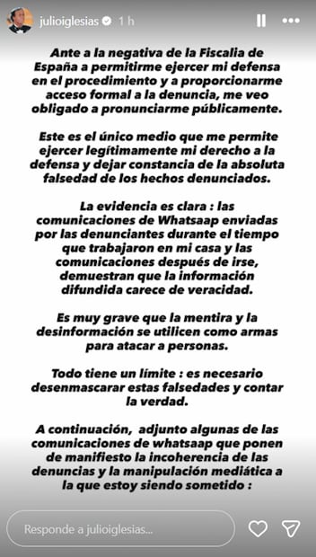 Con este mensaje, Iglesias respondió a la Fiscalía española. Foto: Instagram.