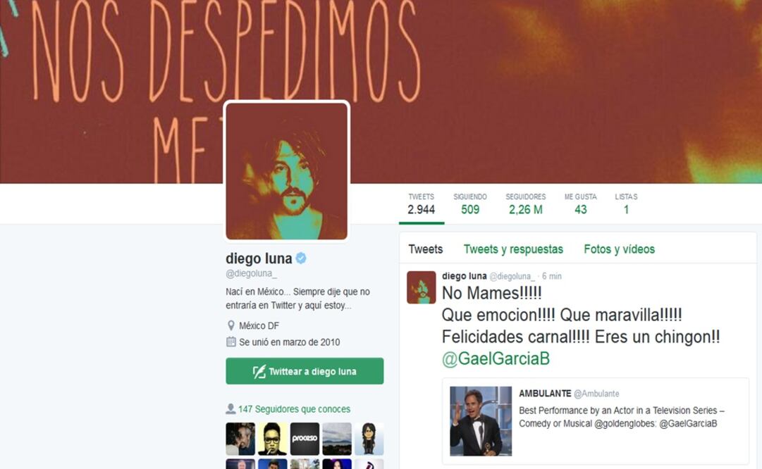Imagen tomada del Twitter de Diego Luna