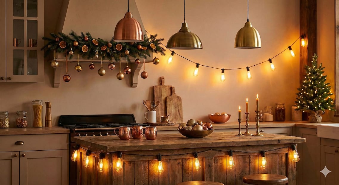 ¿Cómo decorar la cocina esta Navidad 2025? Las tendencias que marcarán la decoración en los hogares. Foto creada con Gemini IA