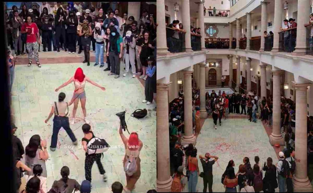 Una joven representó a una víctima de acoso y violencia sexual en las oficinas de la Rectoría, en la Universidad de Guanajuato. Foto: Especial