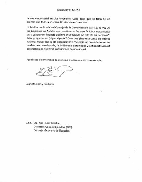 Carta de Augusto Elías y Paullada al presidente del Consejo Coordinador Empresarial (CCE), José Medina Mora. Foto: Captura de pantalla / Cortesía