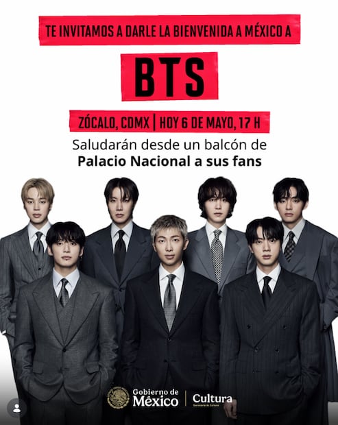 La Secretaría de Cultura lanzó invitación a las Army mexicanas: A todas y todos los Armys de #BTSMéxico hoy a las 17 h la banda estará saludando a sus fans desde un balcón con vista al Zócalo.