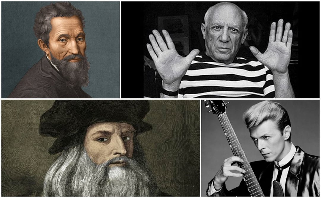 En izquierda los pintores Miguel Ángel y Da Vinci,a la derecha Pablo Picasso y David Bowie