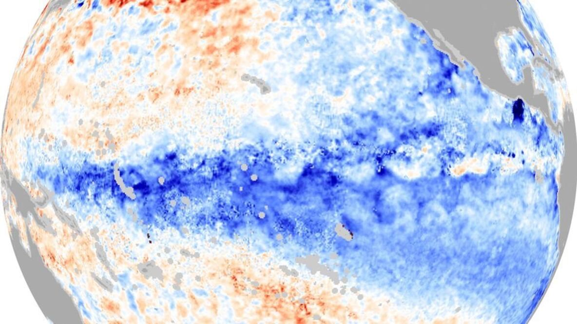 La imagen muestra las aguas más frías del Pacífico que caracterizan a La Niña. Imagen: NASA