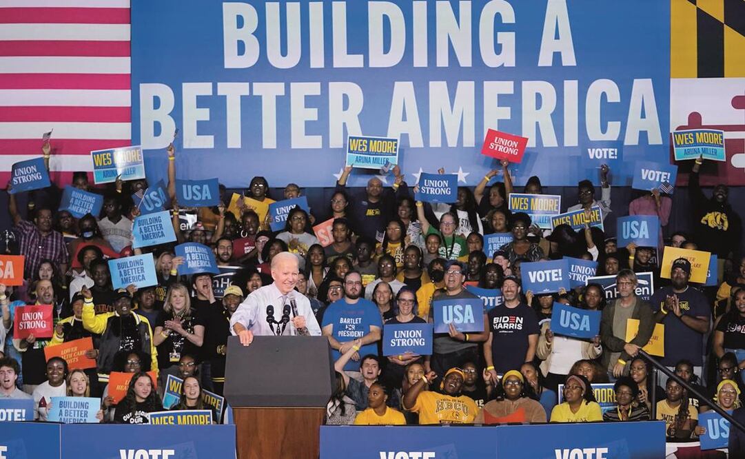 El presidente Joe Biden, durante un mitin ayer en la Universidad Estatal de Bowie, por el candidato a la gubernatura de Maryland, Wes Moore.Foto: Julio Cortez/ AP