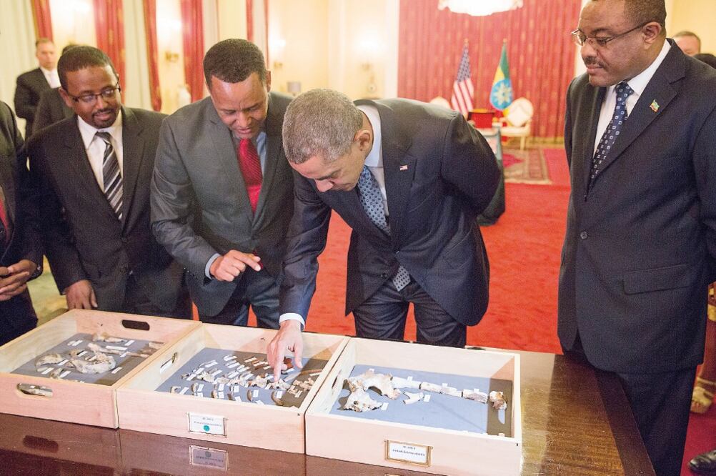 Obama toca un hueso de Lucy , esqueleto incompleto de un homínido de 3.2 millones de años, que fue llevado de un museo al Palacio Nacional etíope en medio de fuertes medidas de seguridad para que el presidente de EU pudiera observarlo (AP)
