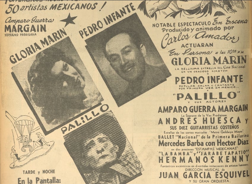 Cartel con anuncio del festejo del 15 de septiembre de 1945 en el Cine Olimpia. Jorge Negrete y Gloria Marín encabezan la celebración.
Hemeroteca EL UNIVERSAL.