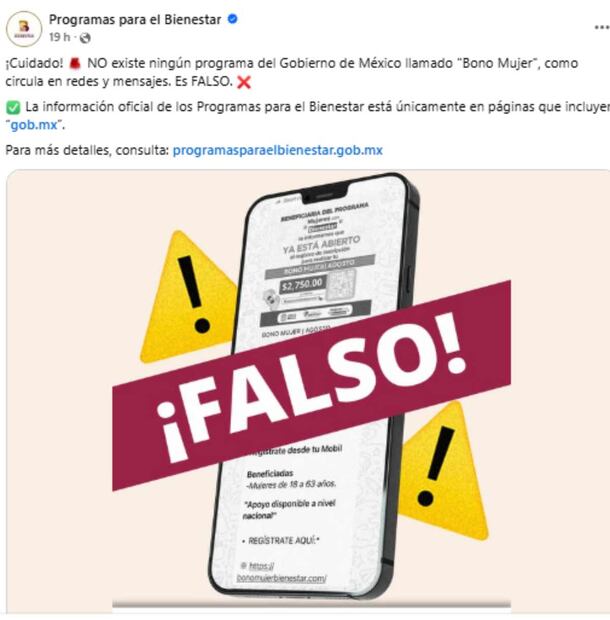 Alertan de fraude por un "bono" a mujeres de 18 a 63 años. Foto: Captura de pantalla de la cuenta de FB de Programas para el Bienestar.