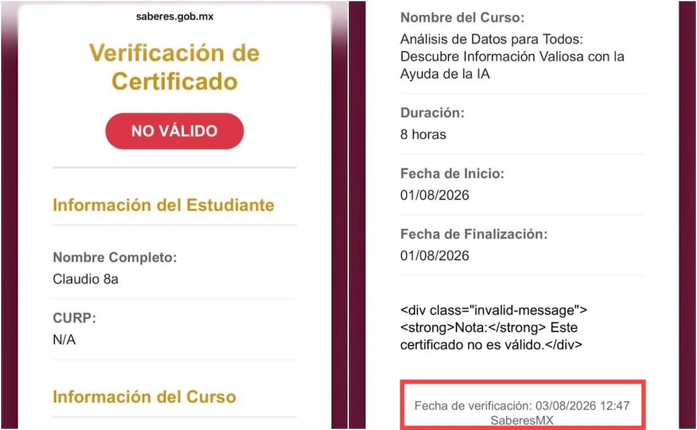 Certificado invalidado de Claudio Ochoa. Foto: captura de pantalla