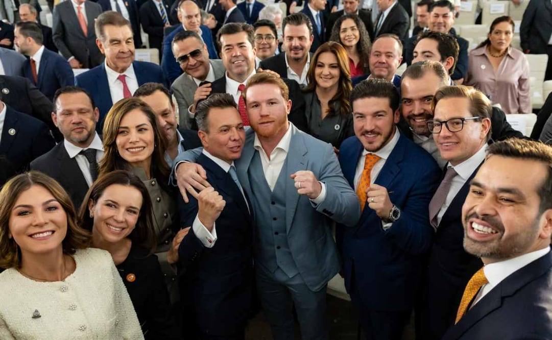 Samuel García y el Canelo Álvarez asisten a toma de protesta de Pablo Lemus. Foto: Especial