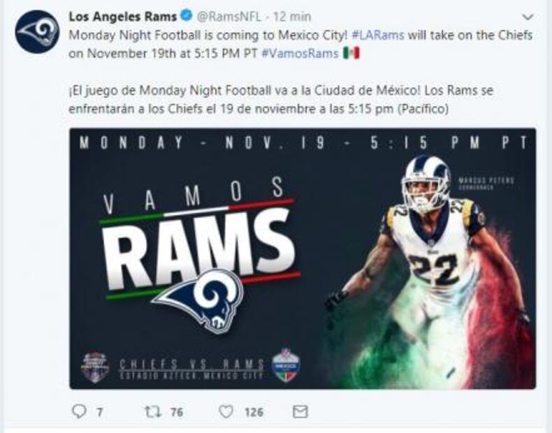Rams y Chiefs jugarán en Monday Night en México