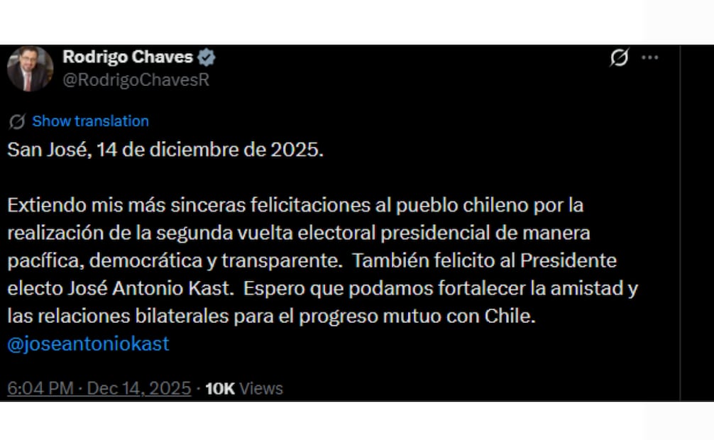 Rodrigo Chaves felicita a Kast por su triunfo en Chile. (14/12/25) Foto: Captura de pantalla