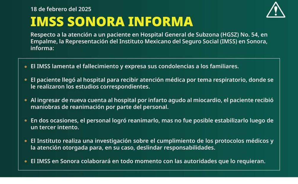 Comunicado del IMSS sobre caso de paciente (21/02/2025). Foto: Especial