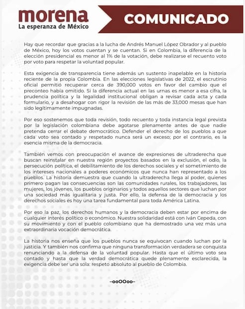 Comunicado de prensa de Morena sobre las elecciones presidenciales en Colombia. Foto: Morena