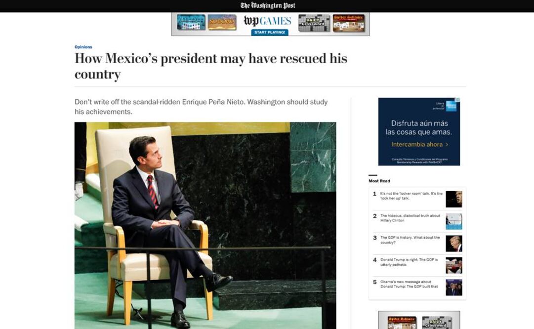 Captura de pantalla del artículo, con una fotografía del presidente Peña Nieto en la ONU el mes pasado. La imagen está acreditada a Reuters