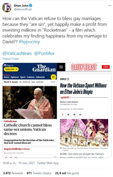 Elton John llama "hipócrita" al Vaticano tras negarse a bendecir uniones homosexuales